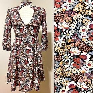 90s fall floral grunge skater mini dress baby doll plunge S / XS
